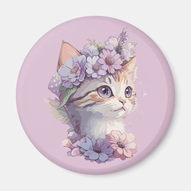 Imán Gato de acuarela violeta lindo con flora (Frente)