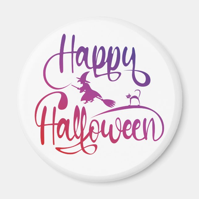 Imán Gato de bruja voladora feliz gradiente de Hallowee (Frente)