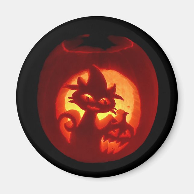Imán Gato de calabaza tallada Halloween Magnet (Frente)
