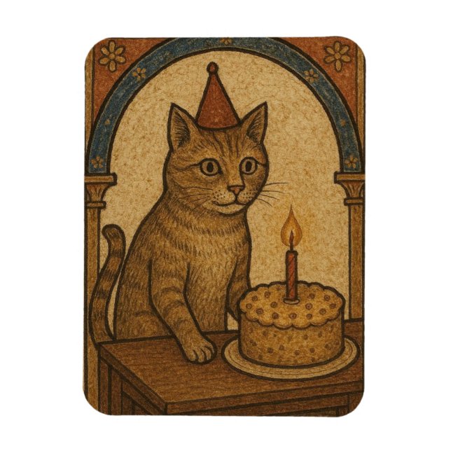 Imán Gato de cumpleaños medieval (Vertical)