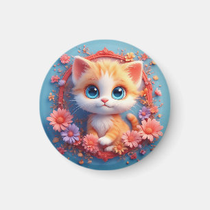 Imán Gato de dibujos animados adorable rodeado de flore