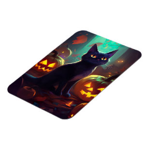Imán Gato de esmoquin de Halloween con calabazas aterra