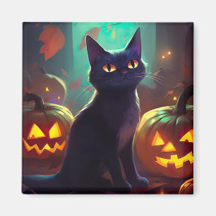 Imán Gato de esmoquin de Halloween con calabazas aterra