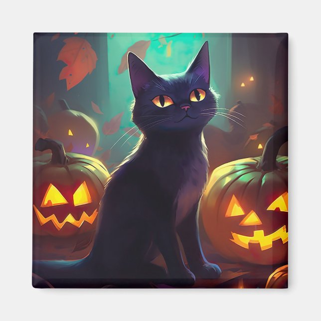 Imán Gato de esmoquin de Halloween con calabazas aterra (Frente)