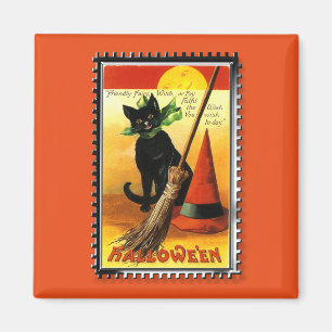 Imán Gato de Halloween sentado con sombrero de brujas