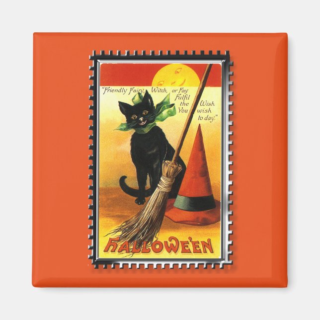 Imán Gato de Halloween sentado con sombrero de brujas (Frente)