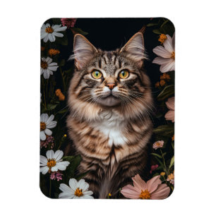 Imán Gato de Maine Coon rodeado de flores flexibles