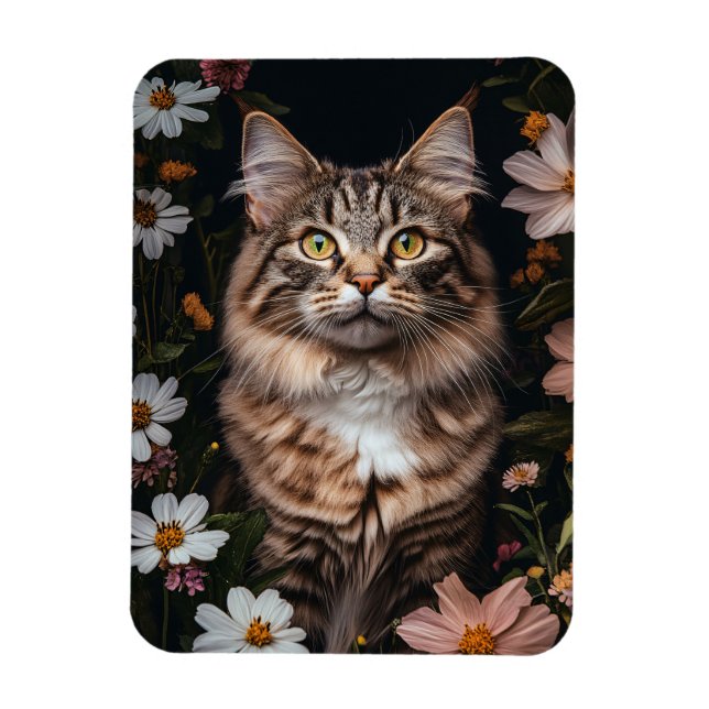 Imán Gato de Maine Coon rodeado de flores flexibles (Vertical)