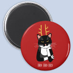 Imán Gato de Navidades sarcásticos<br><div class="desc">Un gracioso sarcástico,  fastidiado y poco entusiasta gato de esmoquin blanco y negro con Navidades que ríe.  Ho ho ho,  y todas esas cosas.
Cambie el texto o quítelo para personalizarlo más.</div>