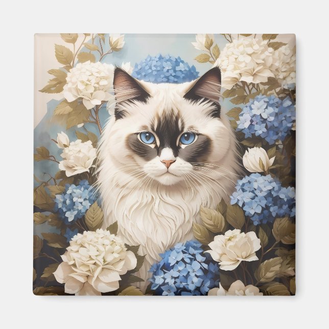 Imán Gato De Ragdoll Con Flores De Hidrangea Azul (Frente)