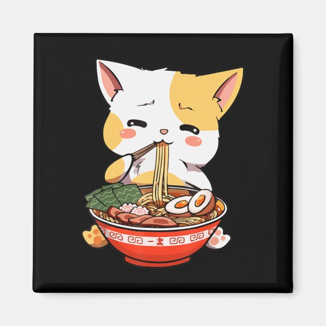 Imán Gato de Ramen Comer fideos Kawaii Anime Merch Gift (Frente)