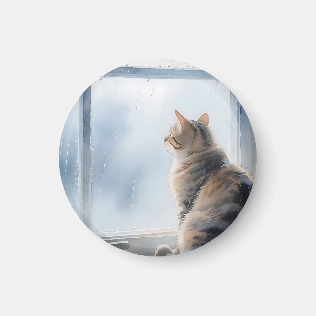 Imán Gato de Tabby de Acuarela Ventana Lluviosa (Frente)