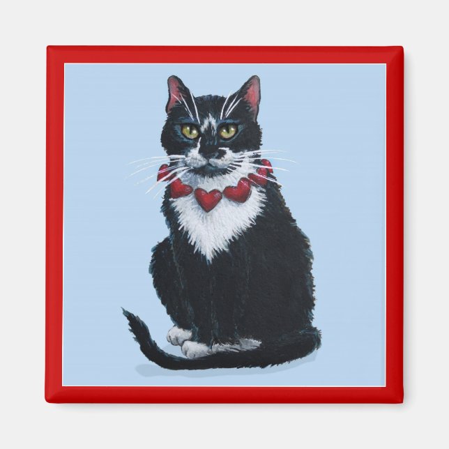 Imán Gato de Tuxedo con corazones (Frente)