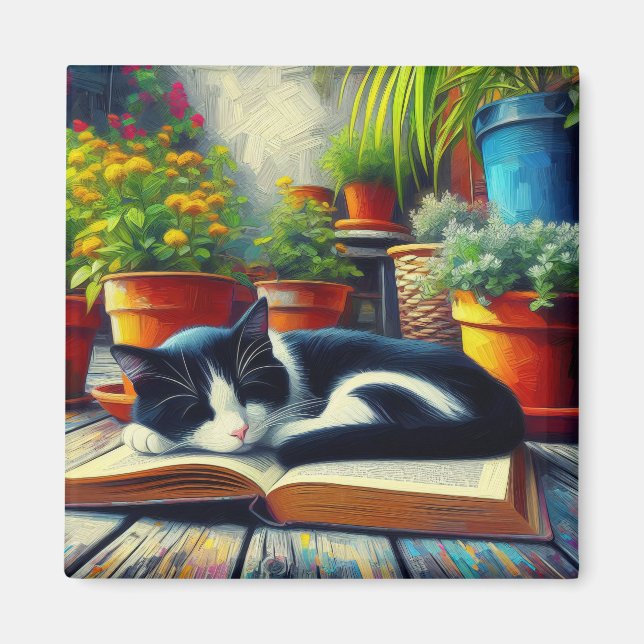 Imán Gato de Tuxedo durmiendo en la pintura de un jardí (Frente)