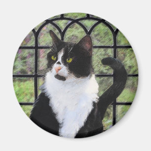Imán Gato de Tuxedo en la ventana Pintura de arte anima