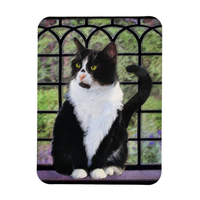 Imán Gato de Tuxedo en la ventana Pintura de arte anima (Vertical)