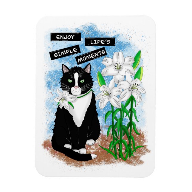 Imán Gato de Tuxedo y Lilies | Oferta Inspiradora (Vertical)