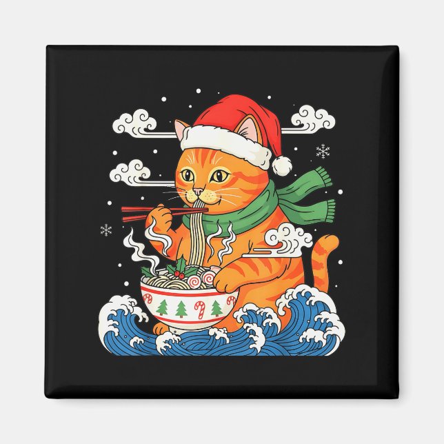Imán Gato divertido de Navidad comiendo fideos Ramen ja (Frente)