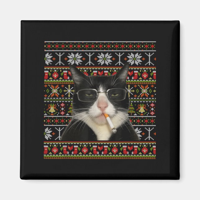 Imán Gato Divertido Fumando Meme Navidad Suéter Feo Gat (Frente)