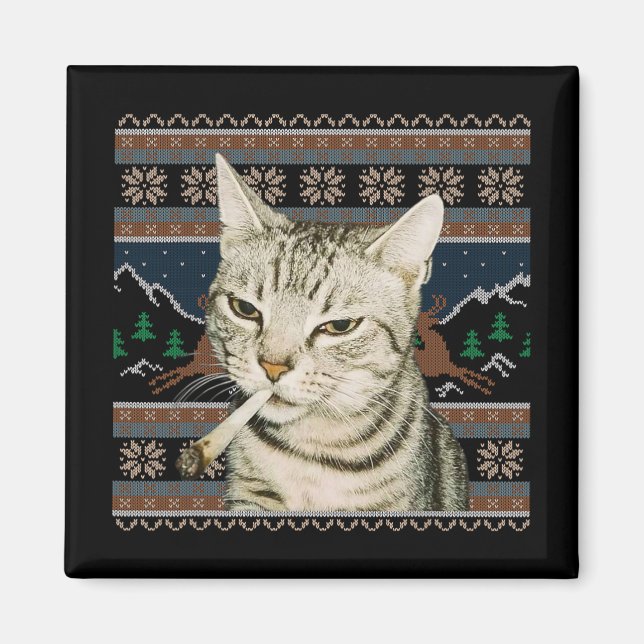 Imán Gato Divertido Fumando Meme Navidad Suéter Feo Gat (Frente)
