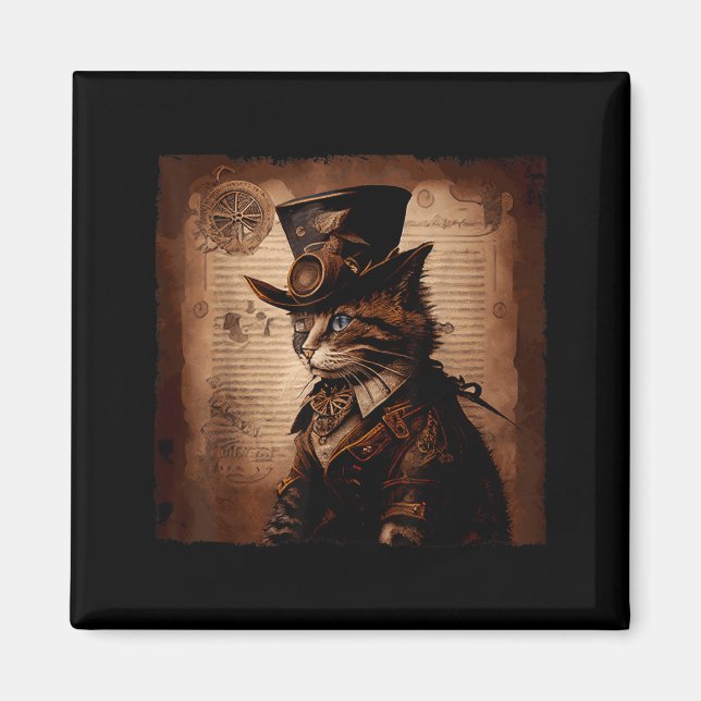Imán Gato Divertido Vaquero Steampunk (Frente)