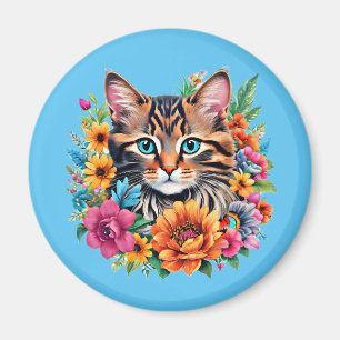 Imán Gato en corona floral colorida