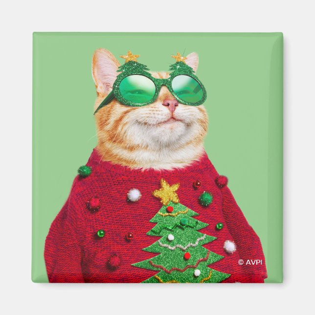 Imán Gato en suéter Navidad feo (Frente)