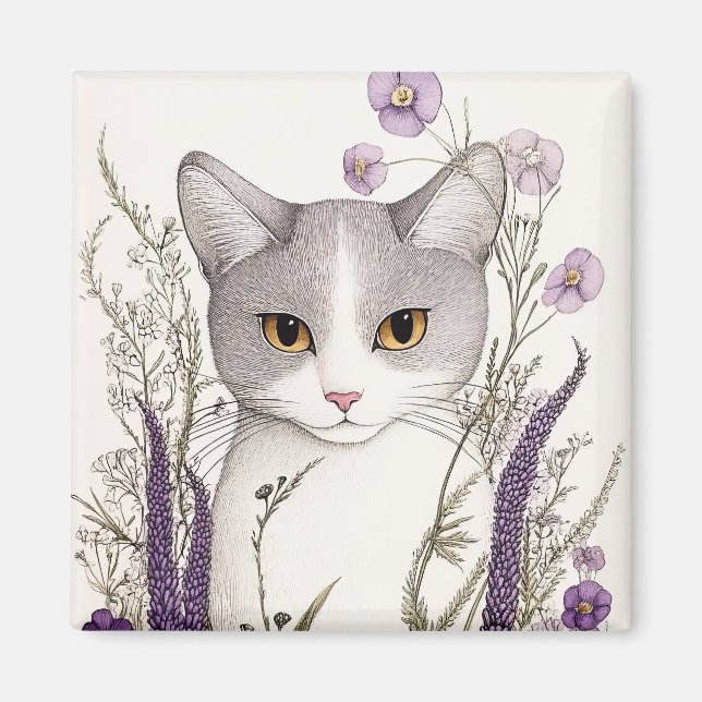 Imán Gato entre flores (Frente)