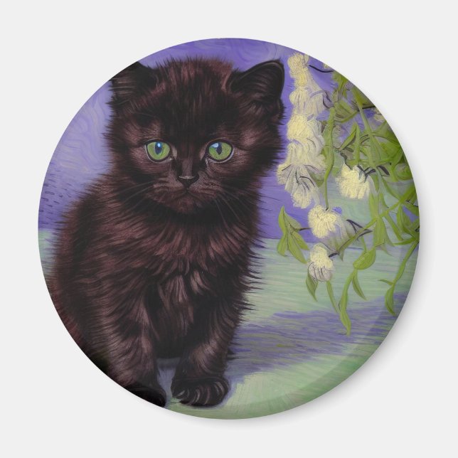 Imán Gato estilo Van Gogh con flores blancas (Frente)