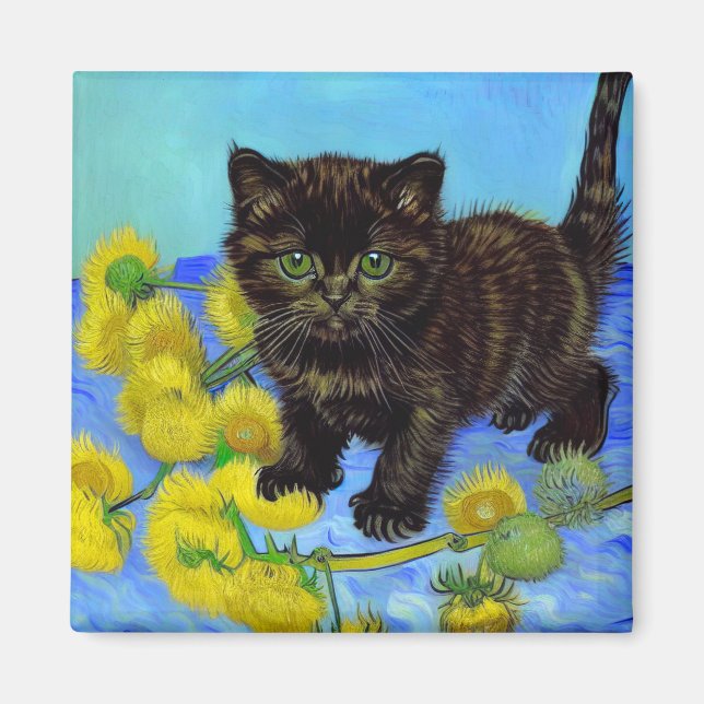 Imán Gato estilo Van Gogh con girasoles (Frente)