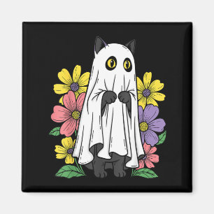 Imán Gato Fantasma de Halloween Gato Negro Lindo Flores