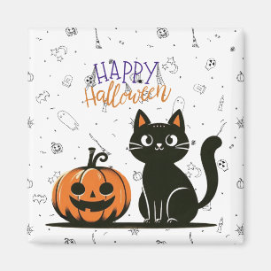 Imán Gato feliz de Halloween y calabaza