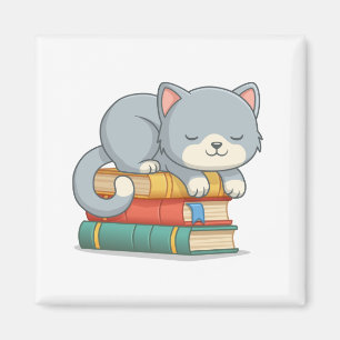 Imán Gato feliz encima de una pila de libros