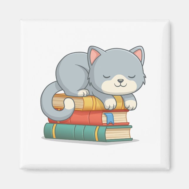Imán Gato feliz encima de una pila de libros (Frente)