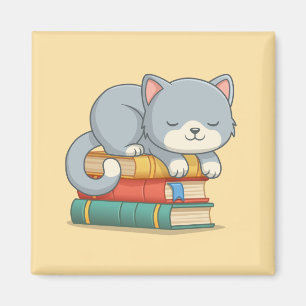 Imán Gato feliz encima de una pila de libros amarillos