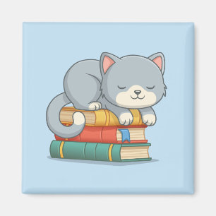 Imán Gato feliz encima de una pila de libros azul