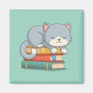 Imán Gato feliz encima de una pila de libros verdes
