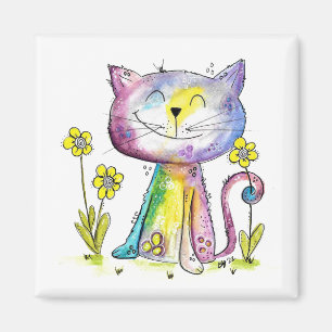 Imán Gato feliz y caprichoso con flores amarillas