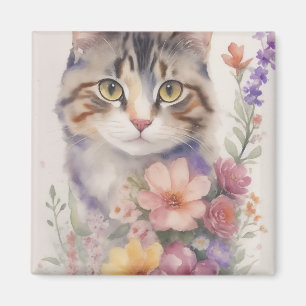 Imán Gato floral a la acuarela lindo