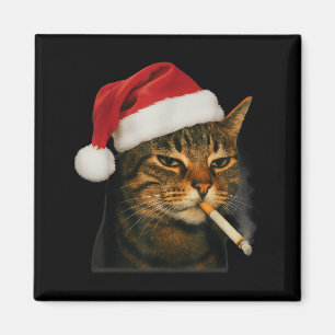 Imán Gato fumando cigarrillo Navideño sombrero de Santa