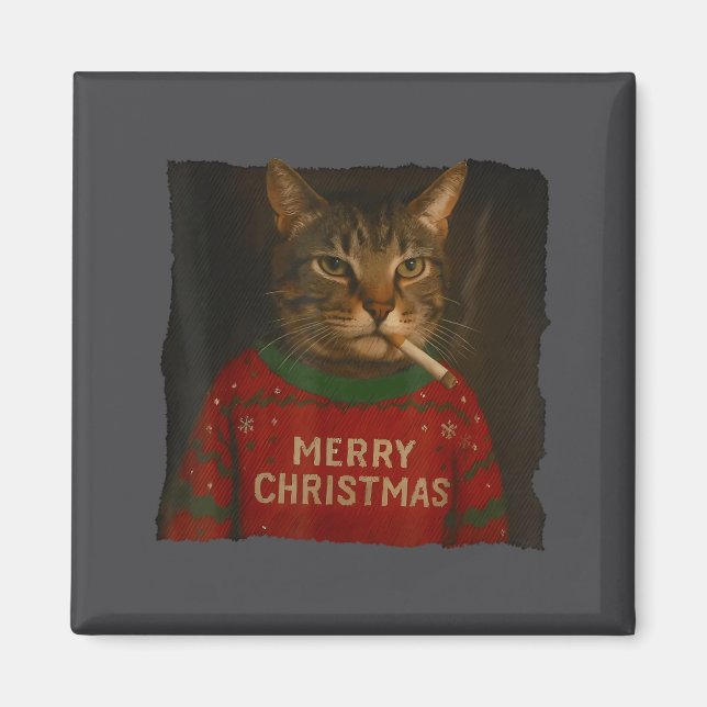 Imán Gato fumando cigarrillo Navideño sombrero de Santa (Frente)