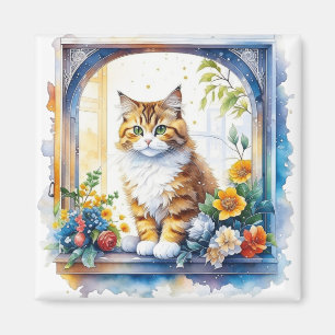 Imán Gato gatito en la ventana de flores personalizado