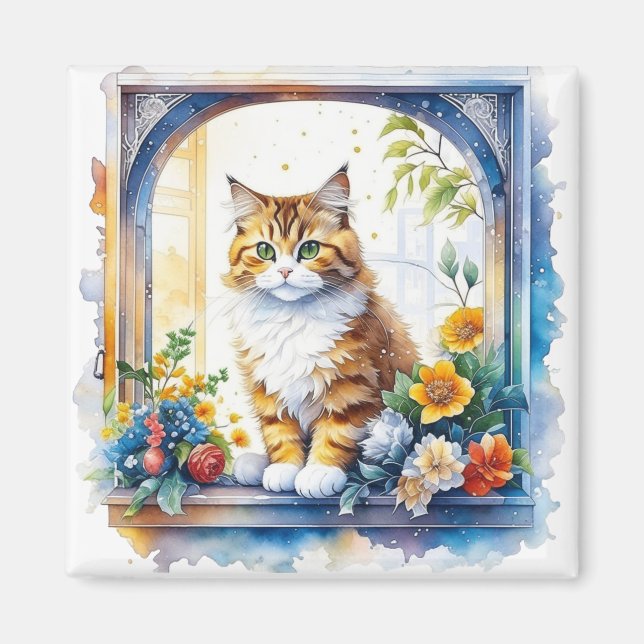 Imán Gato gatito en la ventana de flores personalizado (Frente)