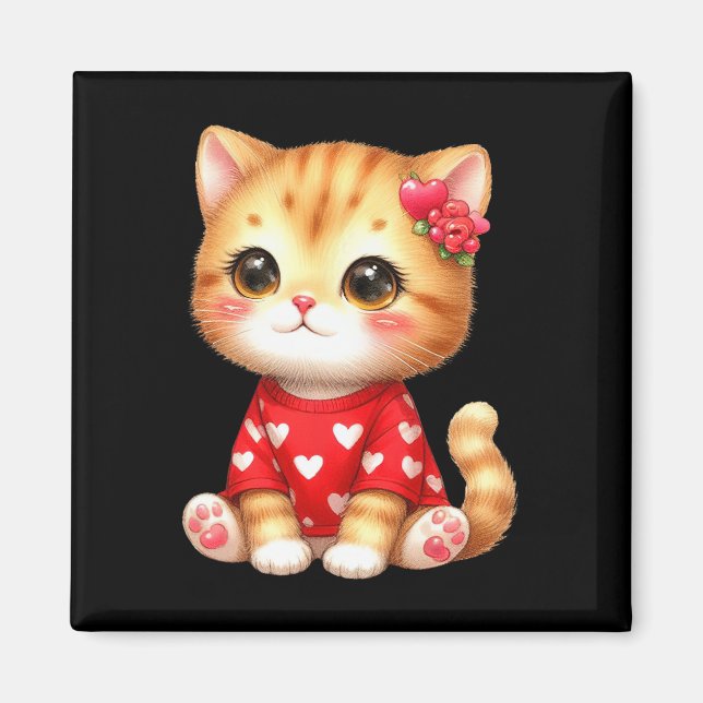 Imán Gato Gatito Hermoso de San Valentín con Corazón  (Frente)