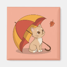 Gato Gatito Lindo Paraguas Amarillo Rojo Caída Ros