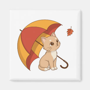 Imán Gato gatito lindo Paraguas Rojo Amarillo Otoño