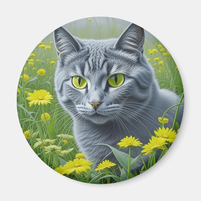 Imán Gato gris blanco con ojos amarillos y arte (Frente)