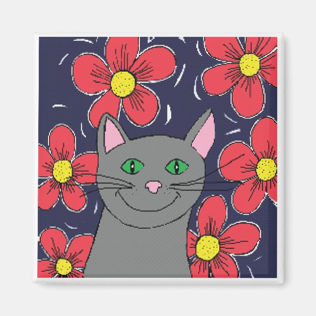Imán Gato gris con flores (Frente)