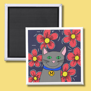 Imán Gato gris con flores personaliza la inicial