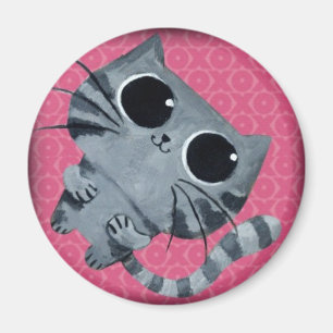 Imán Gato gris lindo con los ojos morados grandes